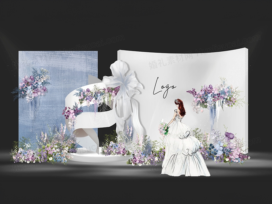 婚礼手绘效果图蓝紫色婚礼迎宾区设计素材psd分层韩式婚礼 - 婚礼素材网