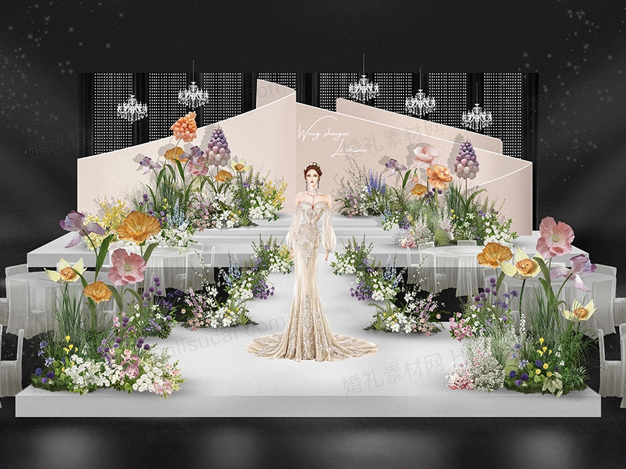 花园风彩色花艺大气水晶婚礼效果图秀场设计psd源文件素材 - 婚礼素材网