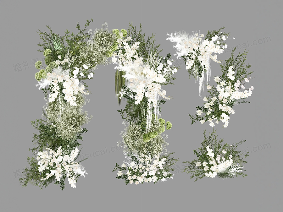 绿色白色满天星婚礼设计手绘花艺效果图白绿色鲜花拱门户外素材 - 婚礼素材网