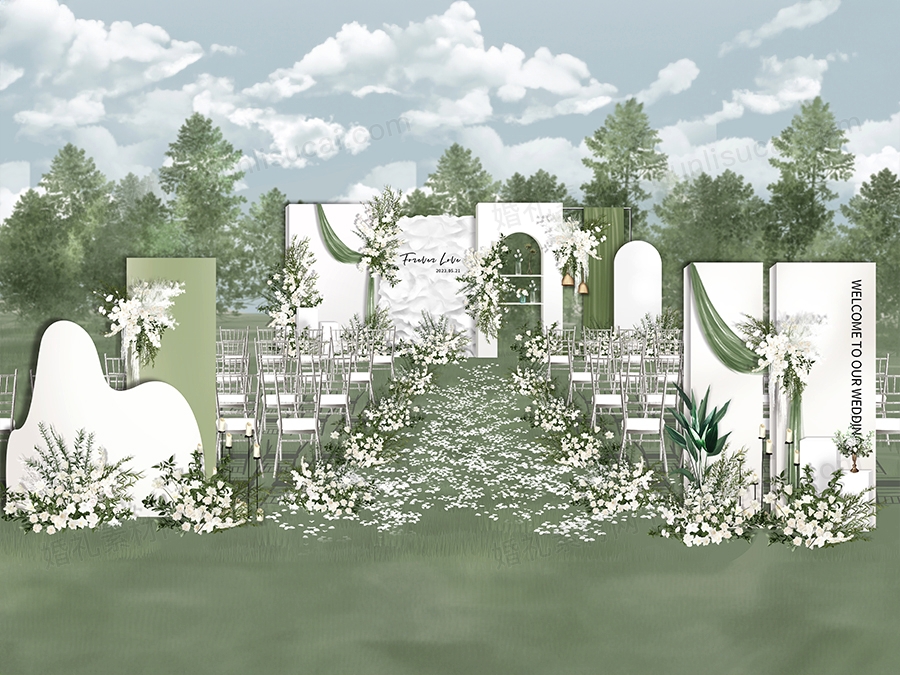 婚礼户外白绿色草坪婚礼仪式区合影区psd效果图设计素材舞台 - 婚礼素材网