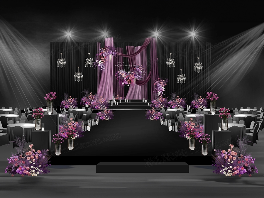 黑紫色韩系布幔线帘水晶婚礼效果图psd源文件素材婚礼 - 婚礼素材网