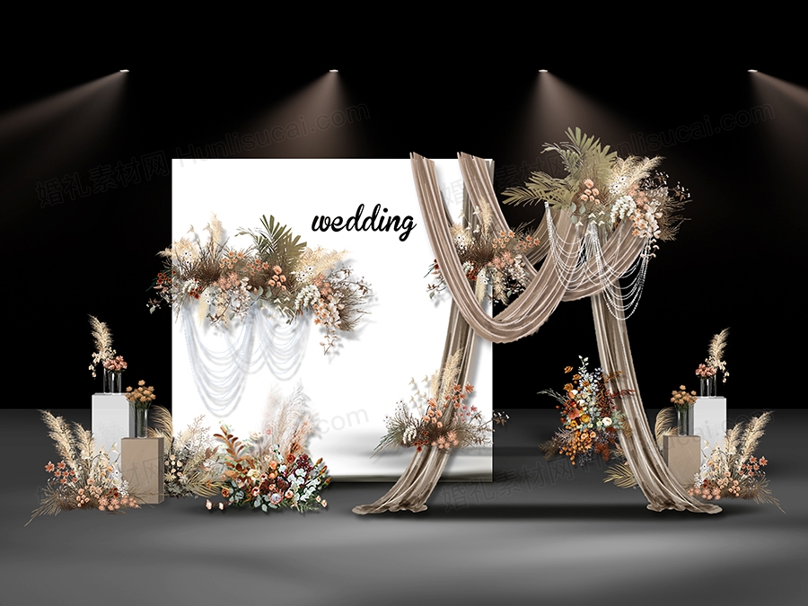 泰式奶茶咖色花艺复古手绘布幔甜品区迎宾婚礼效果图设计素材 - 婚礼素材网