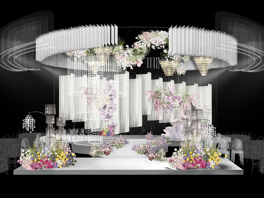 韩式线帘婚礼手绘效果图素材韩式满天星紫粉色花艺素材水晶贝壳灯 - 婚礼素材网