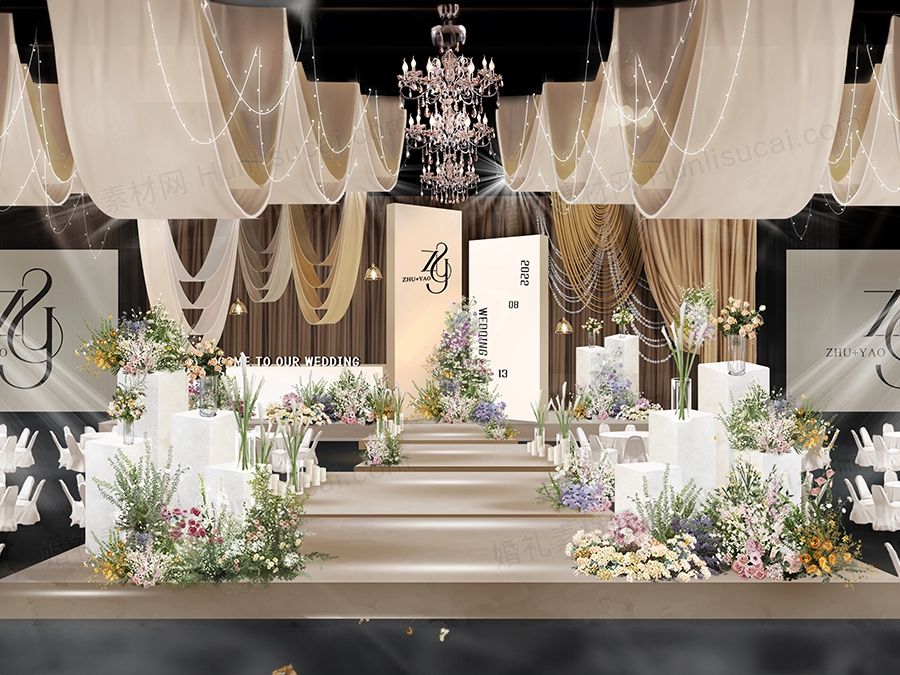 咖色香槟色布幔婚礼手绘效果图psd设计素香槟色粉色白色花艺手绘 - 婚礼素材网