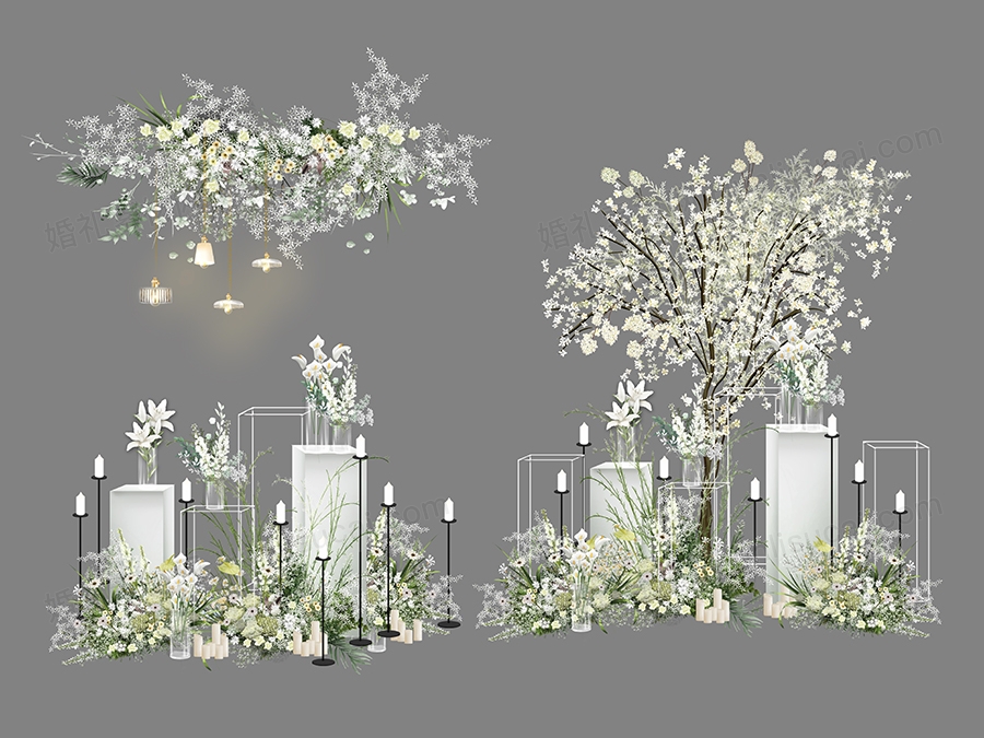 婚礼韩式交接区白绿色花艺psd效果图设计素材柱子舞台烛台树 - 婚礼素材网