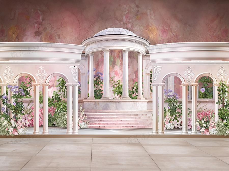 欧式法式粉色城堡婚礼素材罗马拱门欧式建筑婚庆效果图psd婚礼 - 婚礼素材网