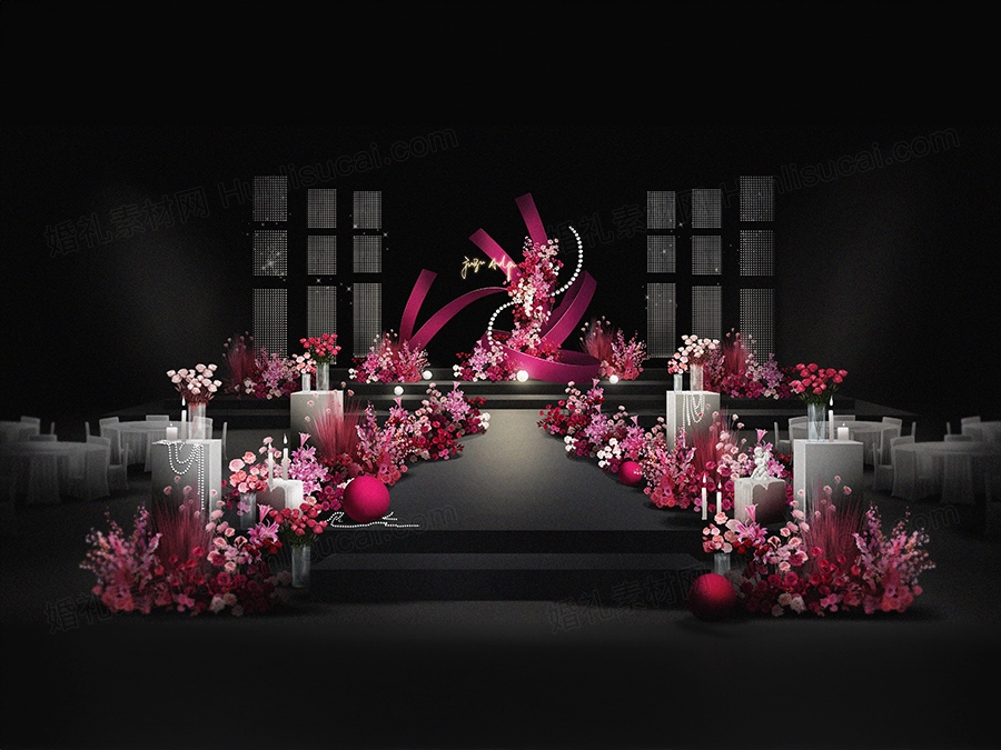 高级秀场风玫红婚礼弧形背景小众婚礼水晶韩式自然花艺PS设计素材 - 婚礼素材网