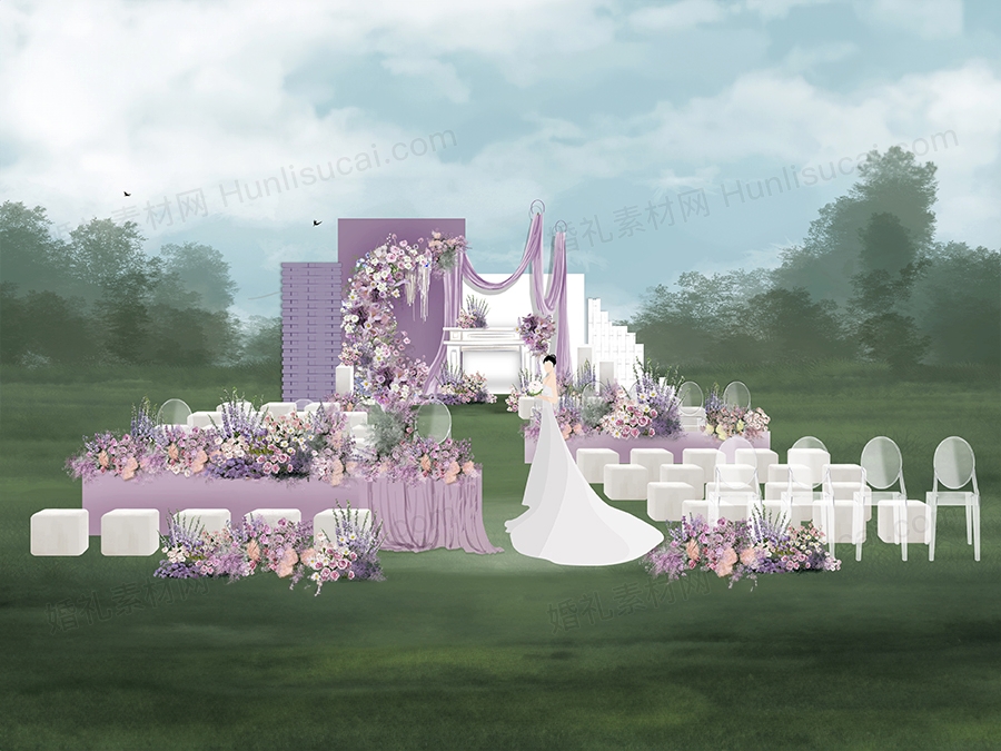 户外紫色婚礼效果图 高级感布艺婚礼效果图 仪式区 签到区婚礼 - 婚礼素材网