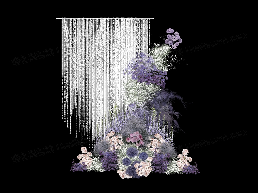 素材紫色莫奈花园婚礼花艺手绘长水晶毛线珠帘小景图psd效果图 - 婚礼素材网