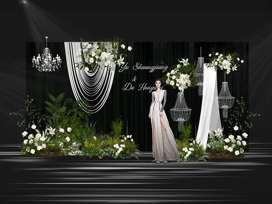 白绿色森系小众婚礼合影区设计婚礼效果图psd源文件素材 - 婚礼素材网