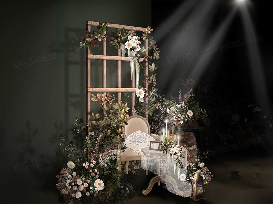 婚礼手绘效果图复古森系婚礼小景观木质桌椅自然花艺小众婚礼婚礼 - 婚礼素材网