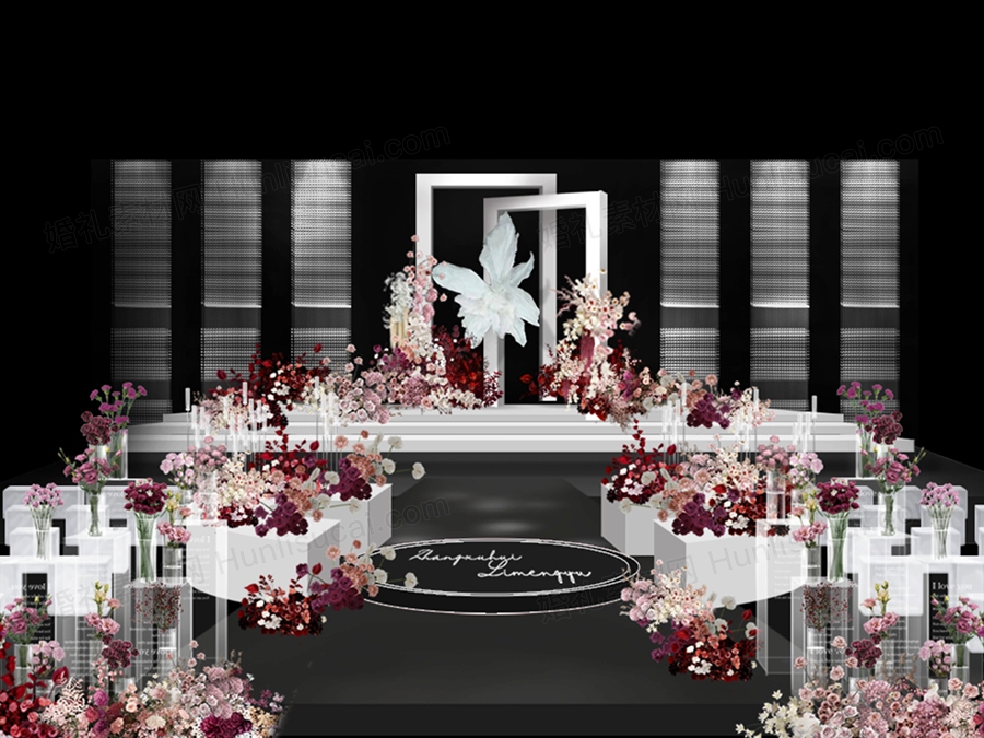 粉白小众粉紫色婚礼合影区签到区花艺素材婚礼效果图psd文件设计 - 婚礼素材网