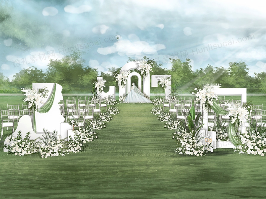 小众白绿色简约布幔户外草坪婚礼效果图白绿色花艺素材psd婚礼 - 婚礼素材网