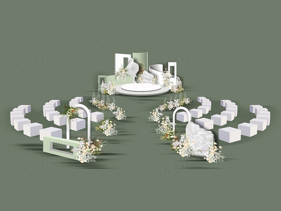 绿色白色INS简约风格户外草坪正方体椅子婚礼设计PSD效果图素材 - 婚礼素材网