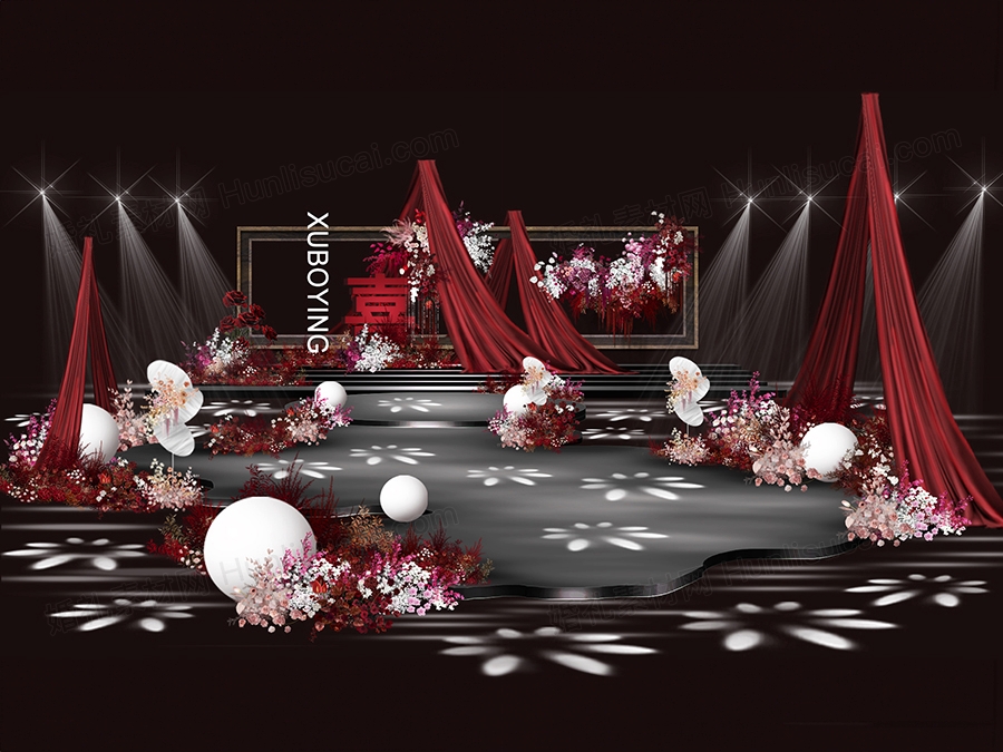 红色布艺造型现代新中式南洋风婚礼设计舞台效果图素材psd - 婚礼素材网
