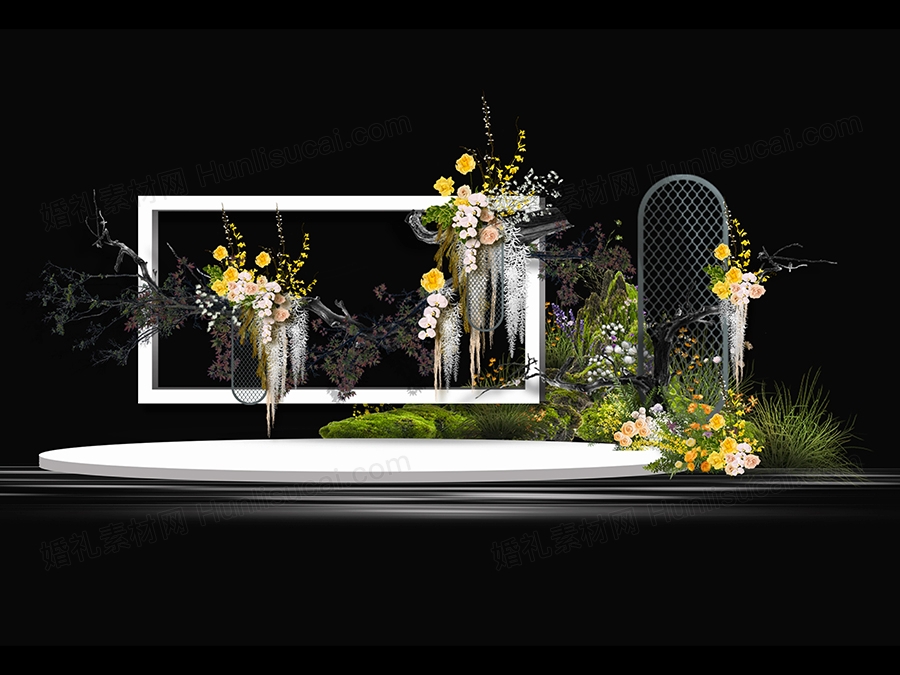 白绿黄色小众树枝中式设计感户外婚礼布置效果图PSD文件素材设计 - 婚礼素材网