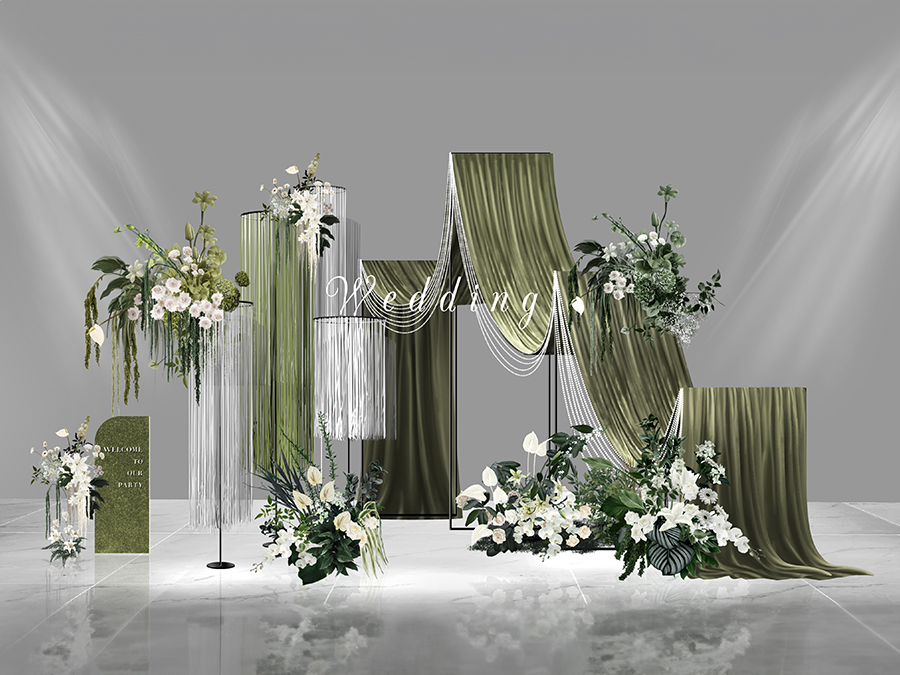 白绿色求婚花艺线帘布幔婚礼手绘图花艺场景素材psd源文件婚礼 - 婚礼素材网