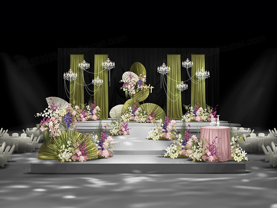 绿色南洋风小众水晶珍珠布艺扇面婚礼图psd分层设计素材效果图 - 婚礼素材网