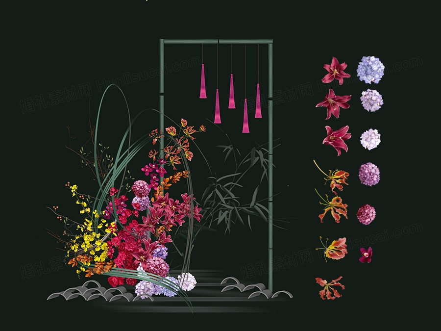 中式婚礼小景中式花艺手绘效果图素材绛紫撞色小众新中式素材婚礼 - 婚礼素材网