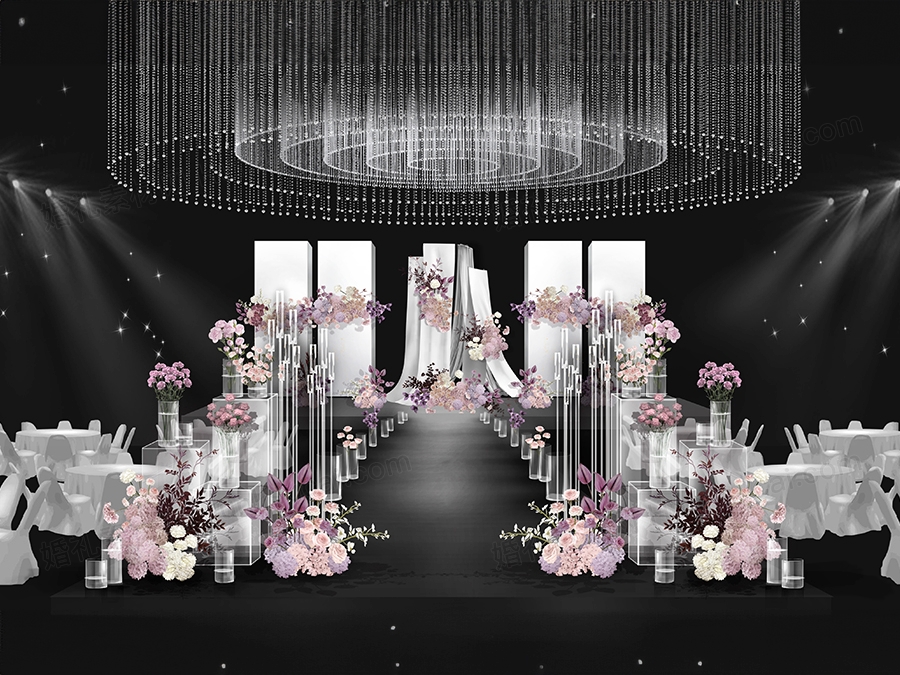 婚礼设计小红书爆款紫色卷纸艺水晶串婚礼高级质感仪式效果图素材 - 婚礼素材网