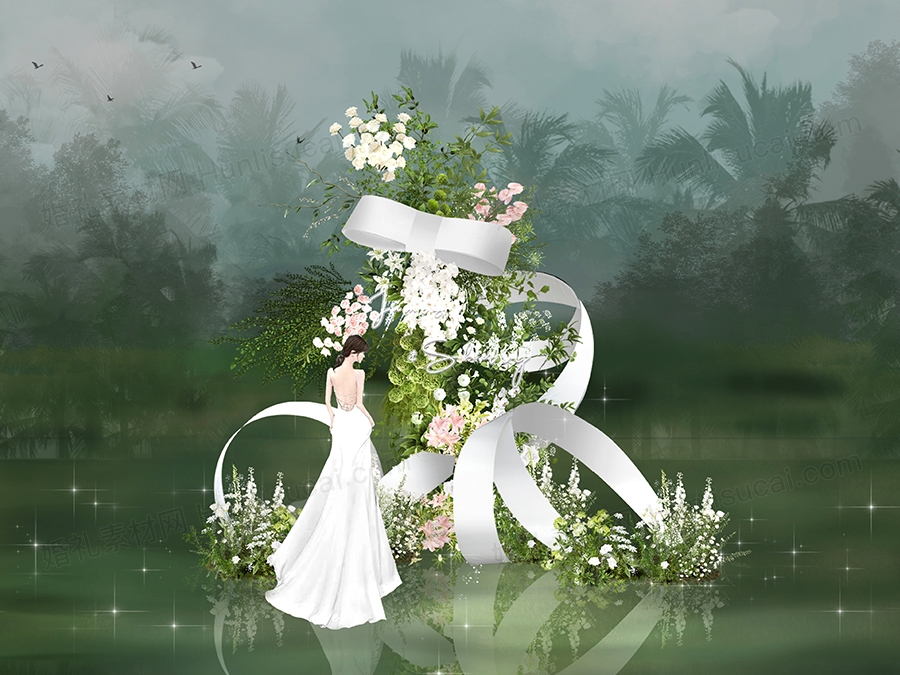 白绿弧形小景婚礼效果图 婚礼素材 婚礼小景 婚礼花艺道具素材 - 婚礼素材网