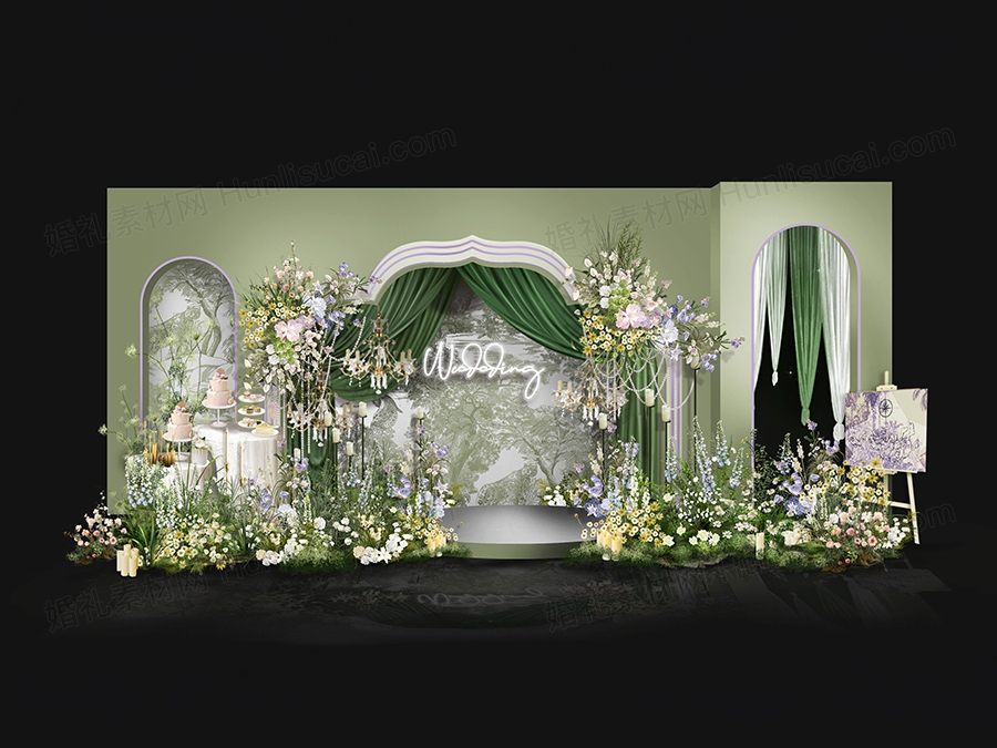 牛油果绿色剧院风法式欧式花园吊顶婚礼效果图psd源文件素材设计 - 婚礼素材网