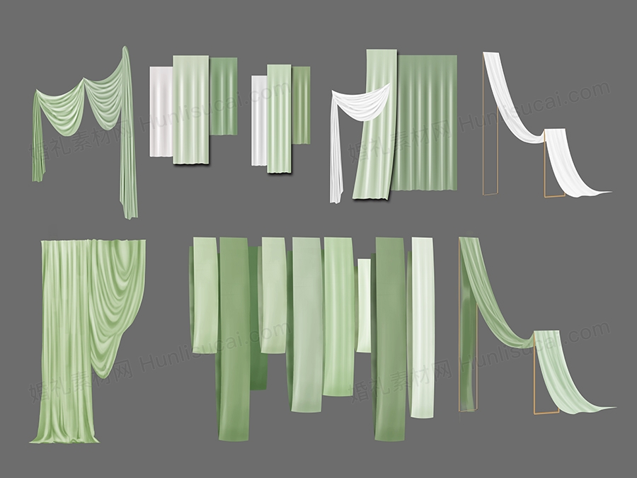 韩式白绿色手绘布幔婚礼图psd设计素材 婚庆道具吊顶纱幔窗帘 - 婚礼素材网