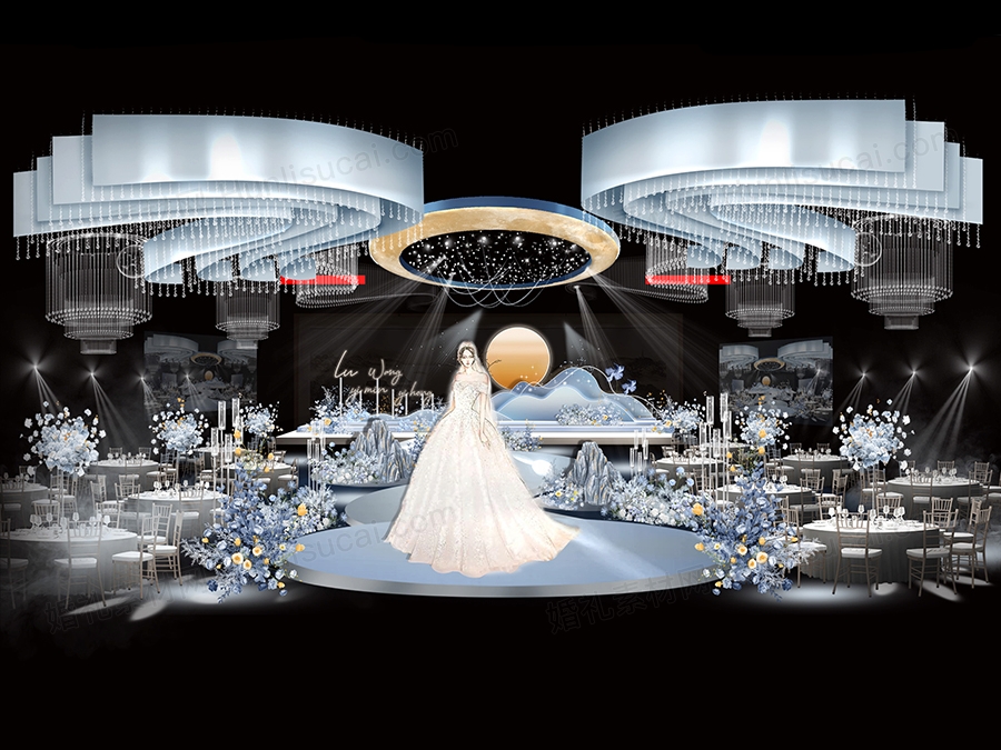 蓝色落日婚礼手绘效果图psd设计素材源文件蓝色布幔吊顶素材舞台 - 婚礼素材网