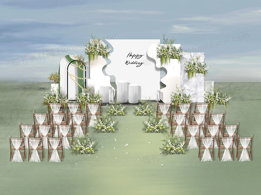 白绿色户外游园会婚礼婚庆图草坪PSD手绘花艺素材设计案例 - 婚礼素材网