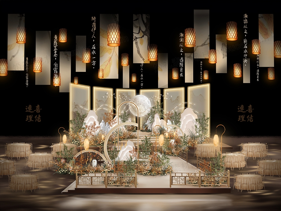 香槟色高端精致精美新中式国风婚礼手绘效果图素材无制作图婚礼 - 婚礼素材网