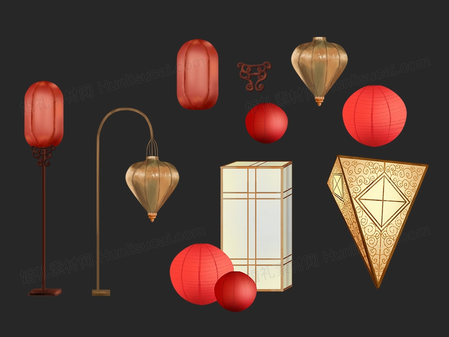 新中式红色纸灯笼婚礼手绘道具手绘psd设计素材效果图源文件 - 婚礼素材网