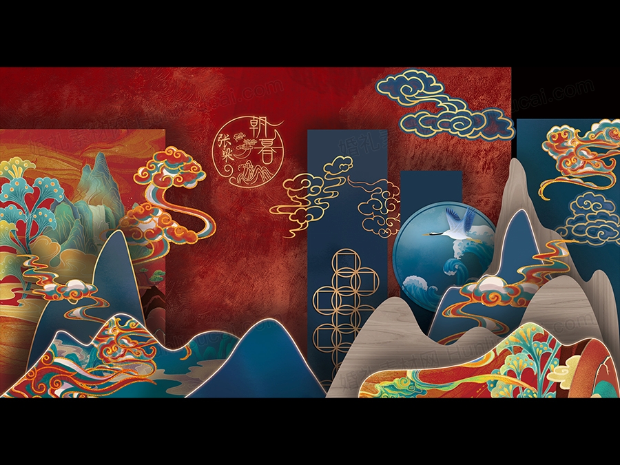 红蓝色国潮敦煌文化背景主题中国风新中式婚礼设计背景素材效果图 - 婚礼素材网