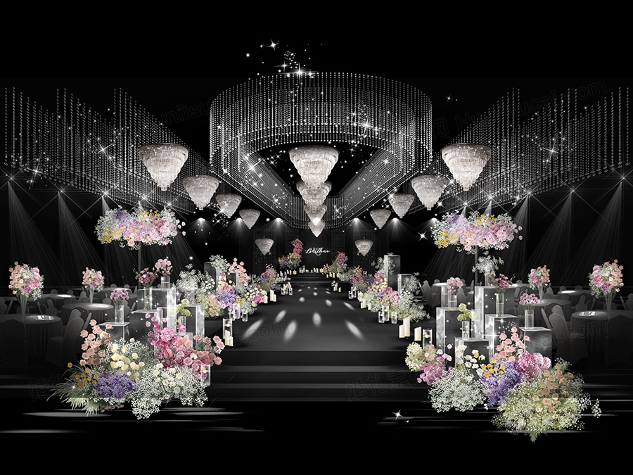 水晶吊顶水晶灯 粉色彩色婚礼效果图 小众婚礼 psd源文婚礼 - 婚礼素材网