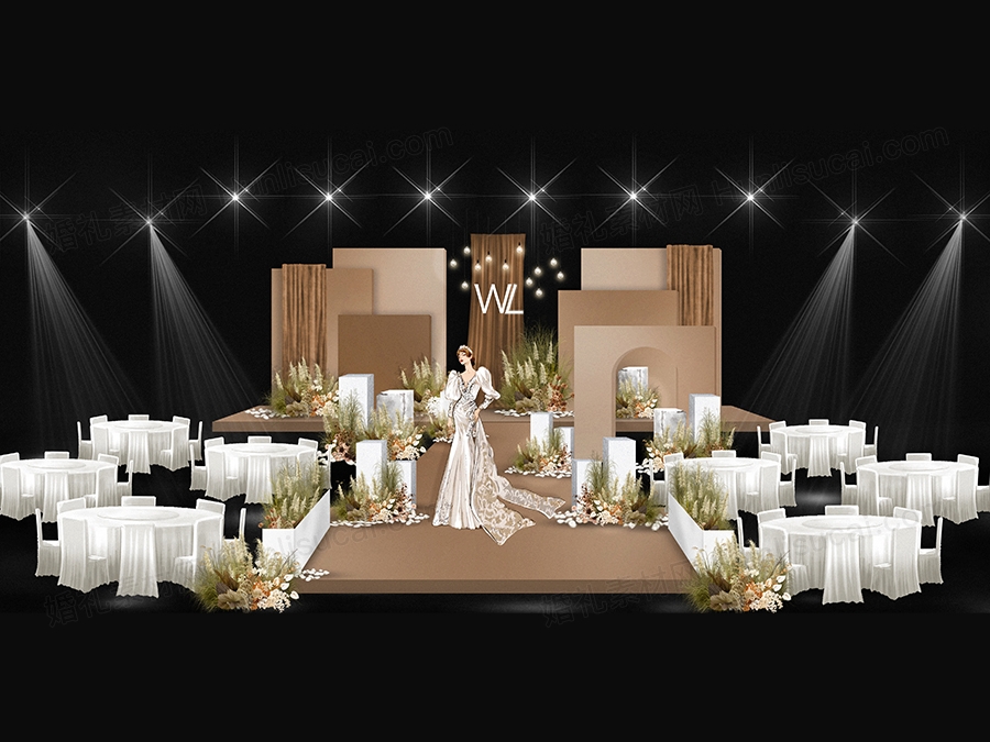 咖色香槟色舞台背景素材设计咖色芦苇照片墙设计素材psd源文件 - 婚礼素材网