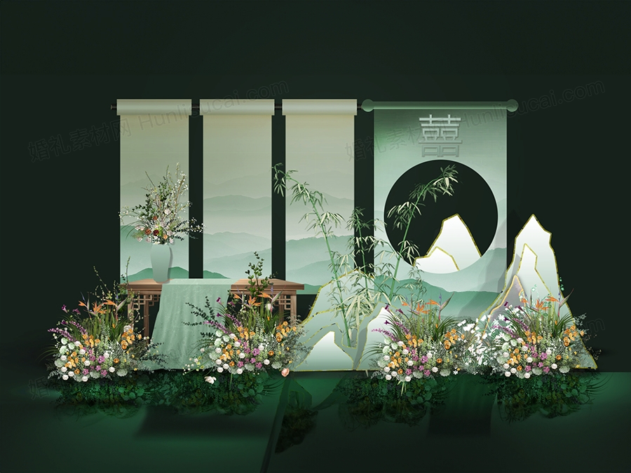小清新新中式绿色画卷竹子花艺婚礼手绘效果图psd分层设计素材 - 婚礼素材网