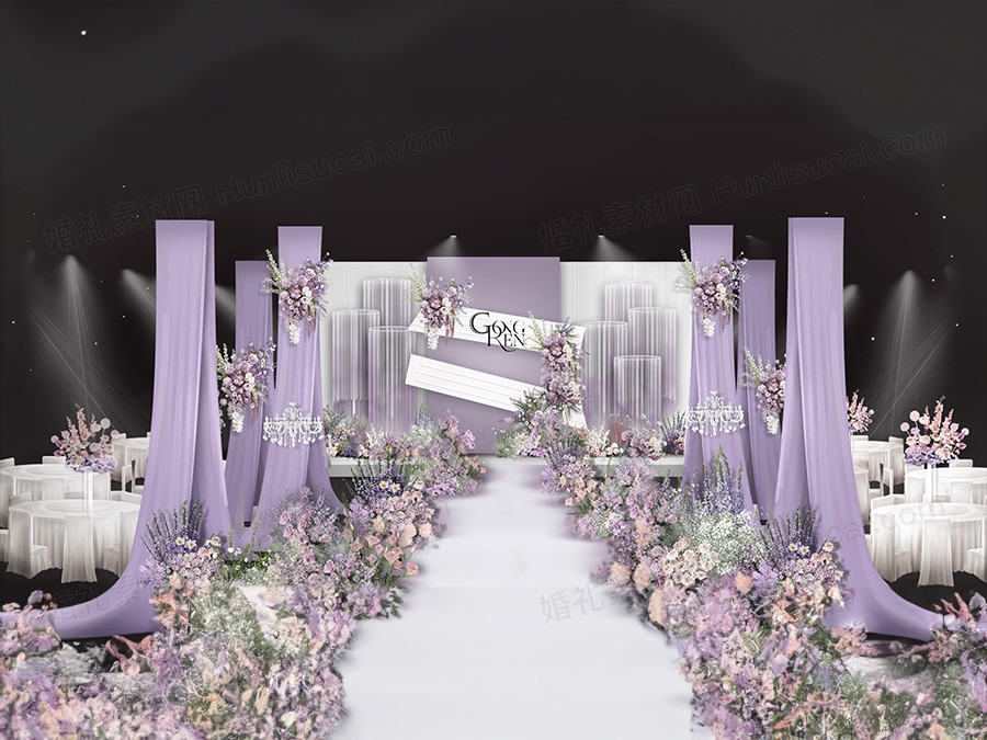 PSD紫色系小众简约婚礼效果图紫色布幔婚礼设计素材分层可修改 - 婚礼素材网