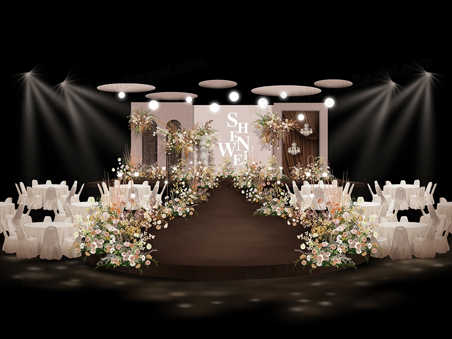 室内复古香槟色自然系花艺素材婚礼效果图psd源文件分层素材定制 - 婚礼素材网