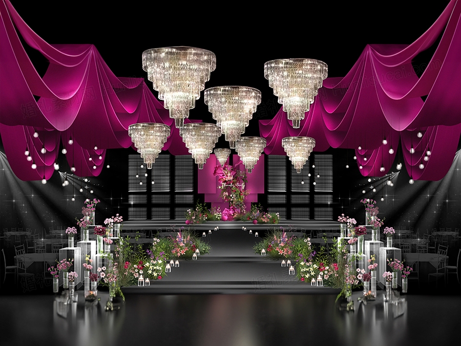 玫红色水晶韩式婚礼自然花艺纸花小众婚礼 异型背景素材psd源文件 - 婚礼素材网