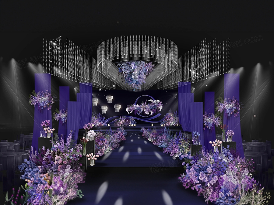 暗夜紫色晶吊顶水晶灯 粉色彩色婚礼效果图 小众婚礼 psd分层素材 - 婚礼素材网