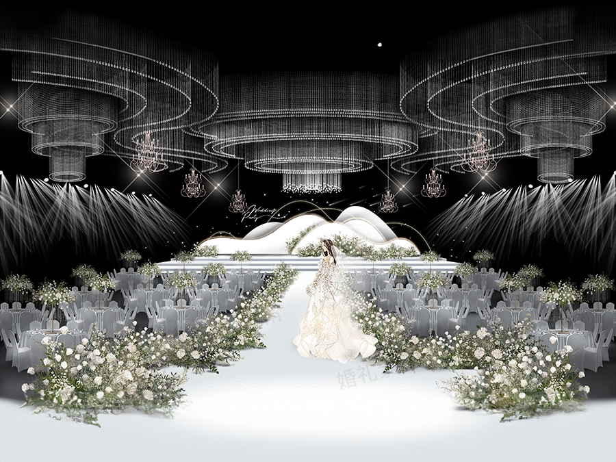 简约秀场风婚礼白绿色韩式水晶吊顶设计效果图psd分层源文件素材 - 婚礼素材网