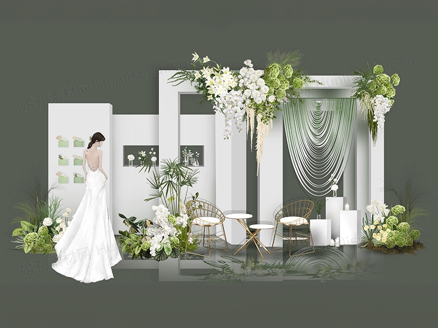 白绿色婚礼效果图森系秀场风韩系婚礼现场布置背景室内装饰素材 - 婚礼素材网