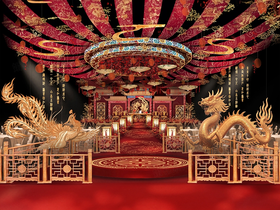 红色中式婚庆婚礼龙凤呈祥舞台背景PS展板高清分层可制作KT板素材 - 婚礼素材网