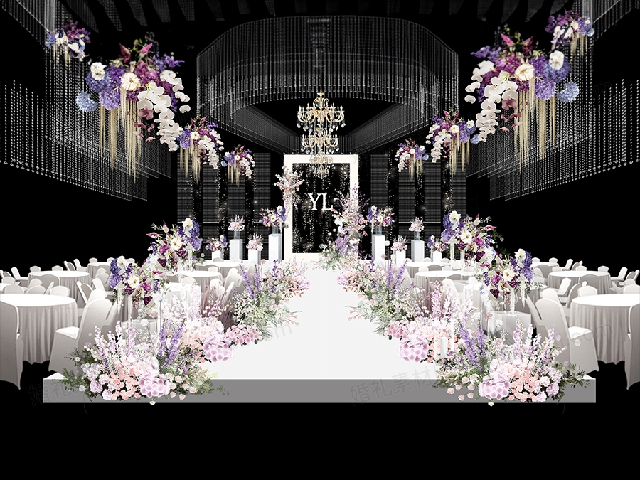 粉色系婚礼吊顶水晶珠帘粉紫色花艺素材PSD源文件效果图设计 - 婚礼素材网