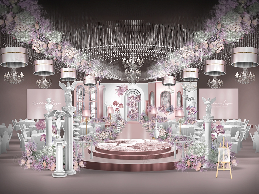 婚礼效果图粉色白色主舞台水晶花园风素材PSD分层源文件设计 - 婚礼素材网
