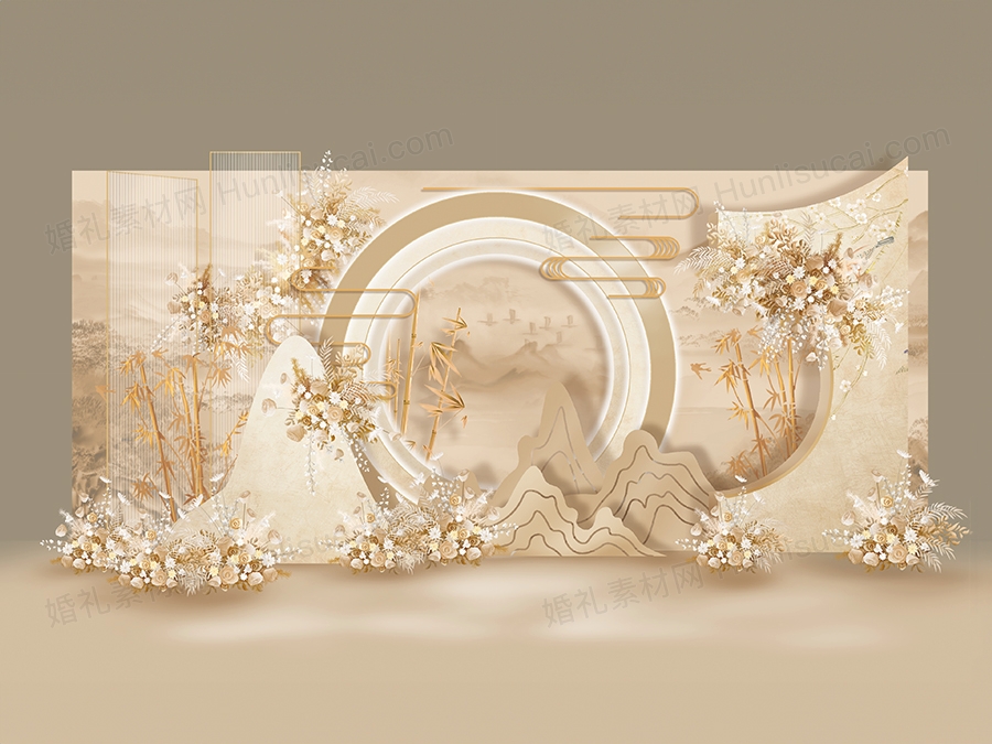 香槟色唯美山峦新中式婚礼传统中国国风婚礼手绘效果效果图婚礼 - 婚礼素材网