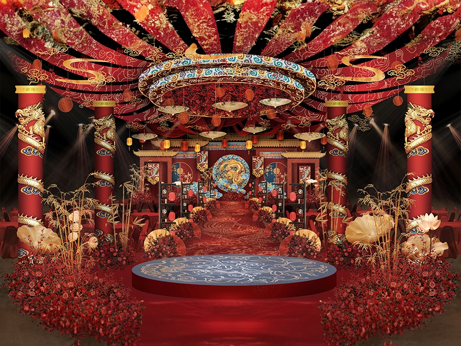 红色喜庆中国风新中式古典图腾牌楼屋檐高端婚礼设计效果图素素材 - 婚礼素材网