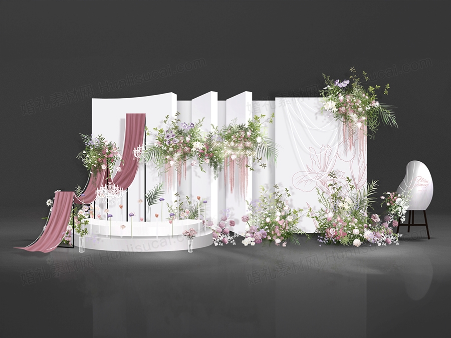 白粉色小清新珍珠布幔合影区迎宾区效果图psd分层设计素材婚礼 - 婚礼素材网