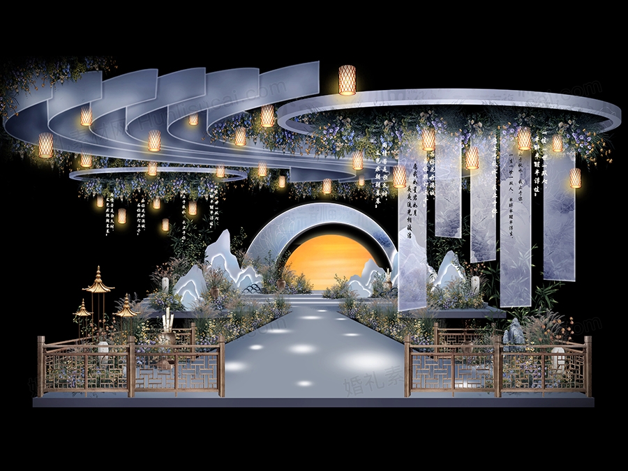 蓝色新中式婚礼效果图设计方案新中式背景设计舞台迎宾素材psd - 婚礼素材网