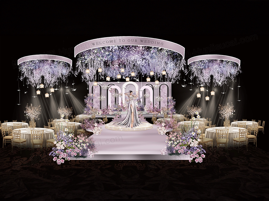 粉紫色法式婚礼效果图设计素材吊顶水晶珠帘 粉色婚礼花艺素材PSD - 婚礼素材网