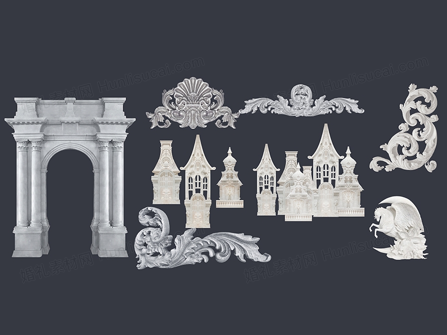 欧式素材泡雕手绘道具效果图奢华天马城堡罗马柱花纹psd文件 - 婚礼素材网